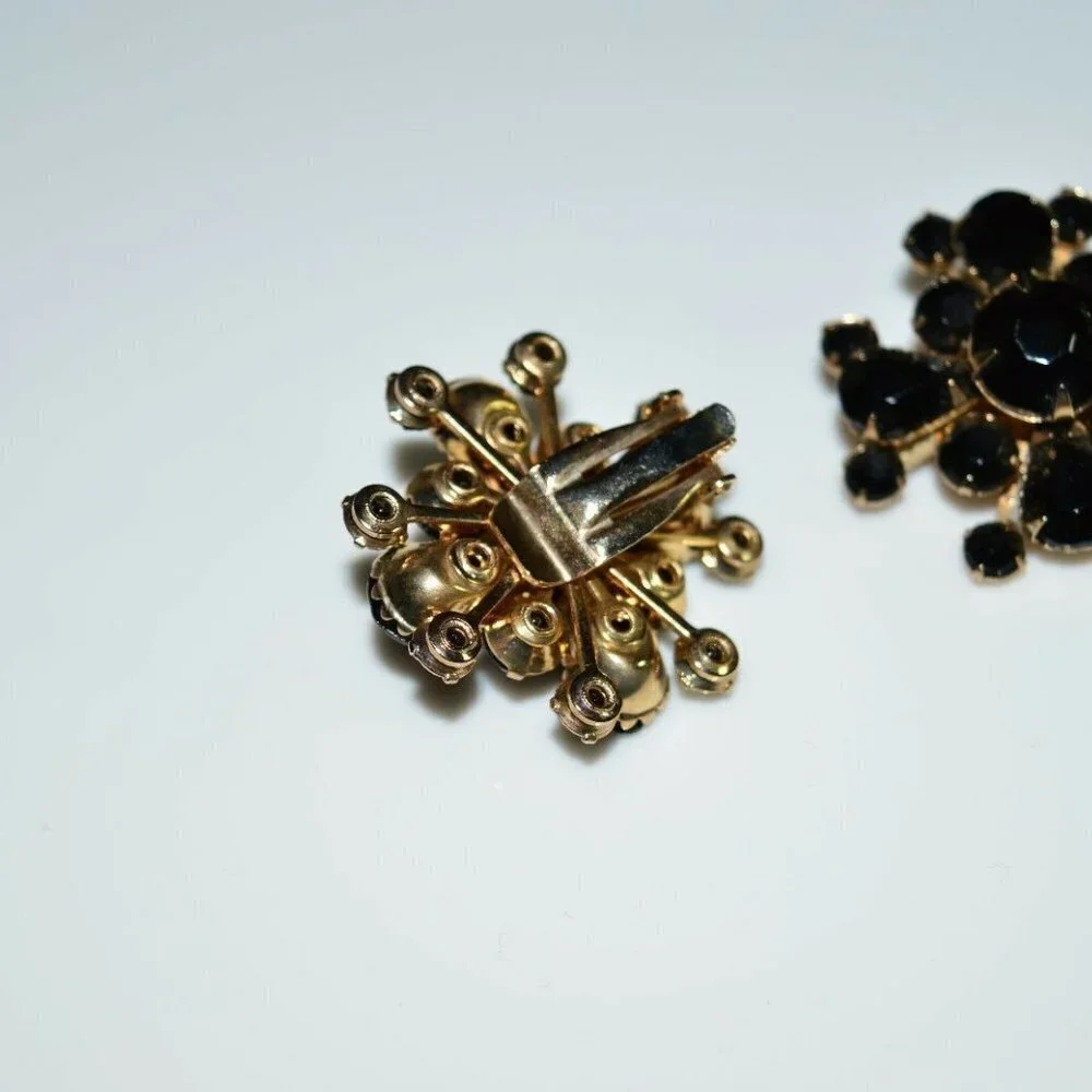 Gold Tone Large Black Glass Rhinestone Flower Set